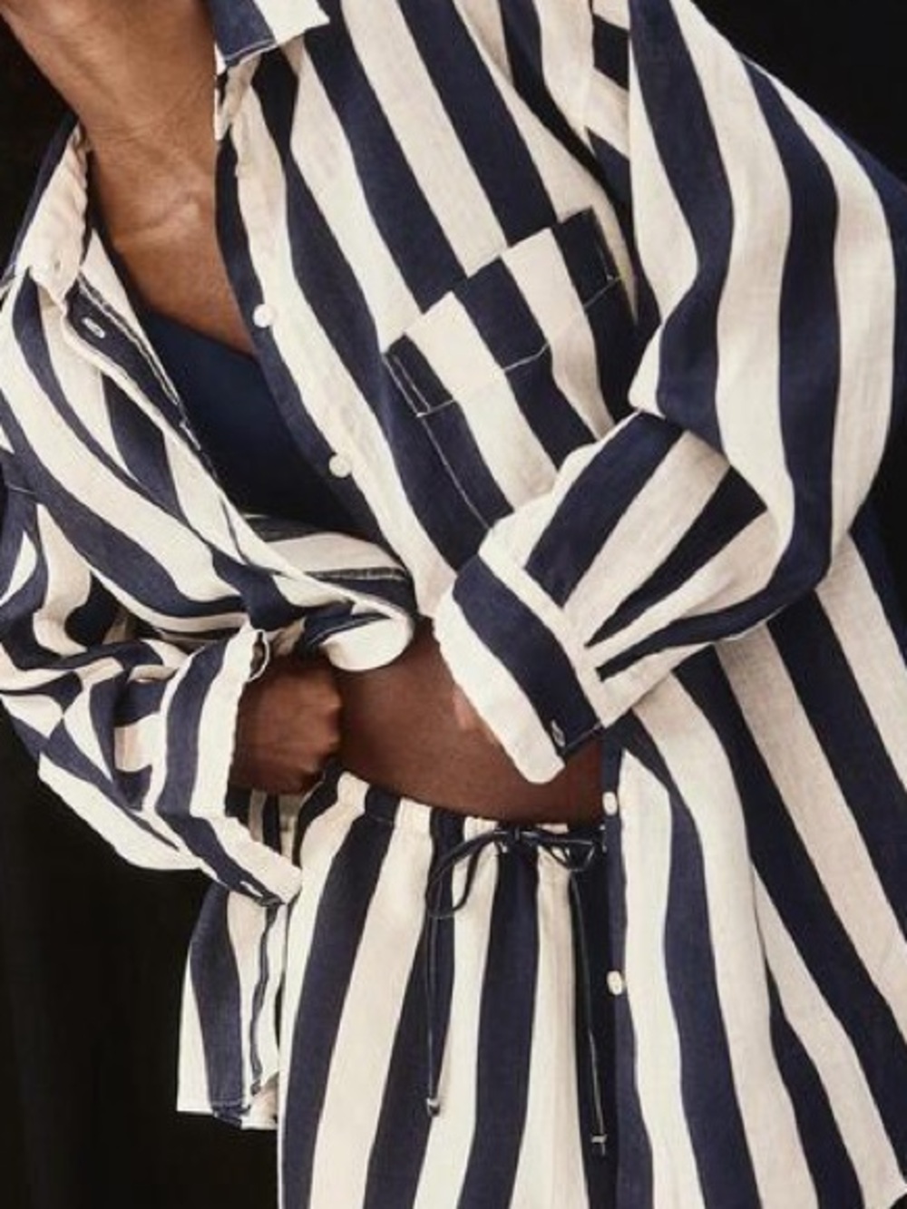 H&M Navy and White Vertical Stripe Button-Up Linen Shirt  Size XL